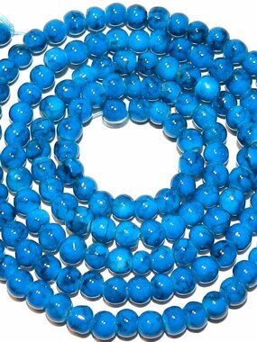 New Dark Blue with Black Marbled Baked Varnish 6mm Round Glass Beads 32" G2026